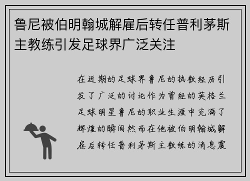 鲁尼被伯明翰城解雇后转任普利茅斯主教练引发足球界广泛关注 鲁尼被伯明翰城解雇后转任普利茅斯主教练引发足球界广泛关注